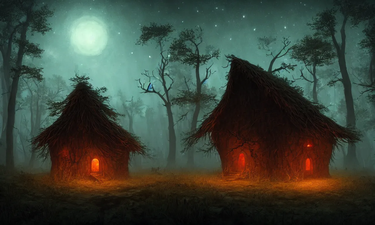 Prompt: Spooky hut in the middle of a misty dark spirit possessed forest, runes written on tree barks, night, starry sky, very detailed. by Moebius, John Harris, artstation, 4k, unreal engine 5