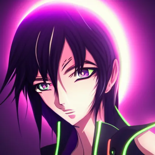 Image similar to Lelouch Lamperouge in a neon city, octane render 8k, atmospheric render, beautiful face, cute, realistic skin, beautiful eyes