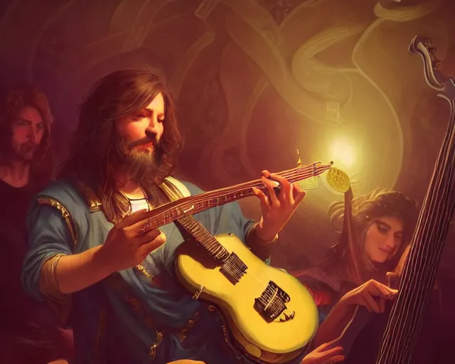 Prompt: photography of bard in a band shirt playing an electric guitar at a tavern concert, 8 k, deep focus, d & d, fantasy, intricate, elegant, highly detailed, digital painting, artstation, concept art, matte, sharp focus, illustration, hearthstone, art by artgerm and greg rutkowski and alphonse mucha