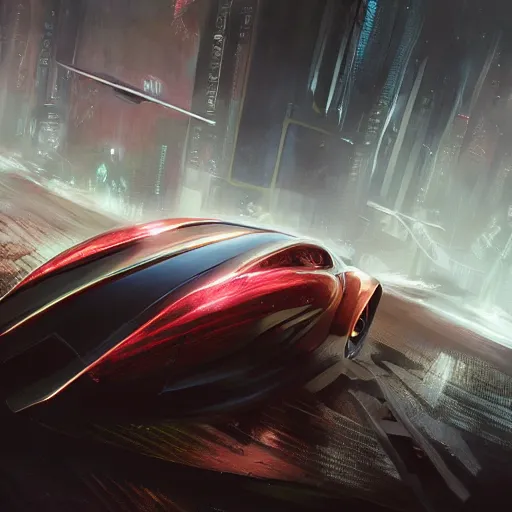 Image similar to custom car, elegant, digital painting, concept art, smooth, sharp focus, art style from Wang Ke and Greg Rutkowski and Bruce Kaiser and Scott Robertson and Dmitry Mazurkevich and Doruk Erdem and Jon Sibal, small style cue from Blade Runner and Minority Report and iRobots