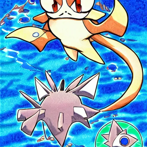 Prompt: 1999 Ken Sugimori artwork of a new water type Pokémon, official key colored line art