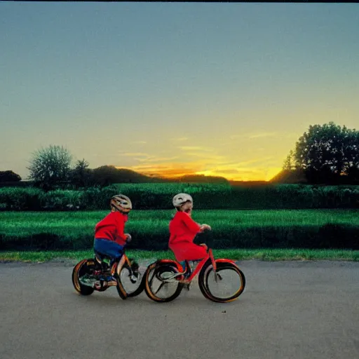 Image similar to kids riding their bikes in the 1 9 8 0 s, long shot, sunset at the golden hour, photoreal, vintage