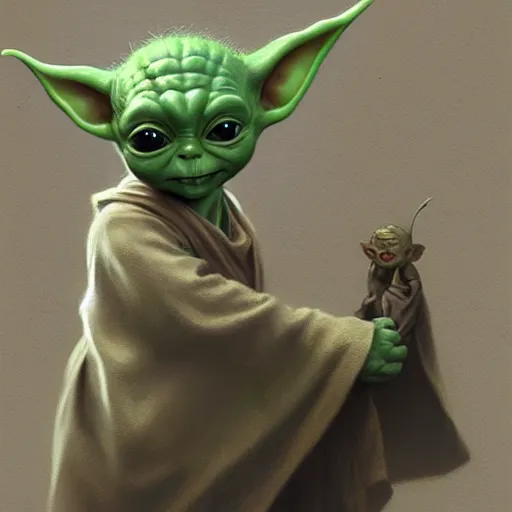 Prompt: baby yoda as frodo, intricate, elegant, highly detailed, digital painting, artstation, concept art, smooth, sharp focus, illustration, art by artgerm and greg rutkowski and alphonse mucha and william - adolphe bouguereau
