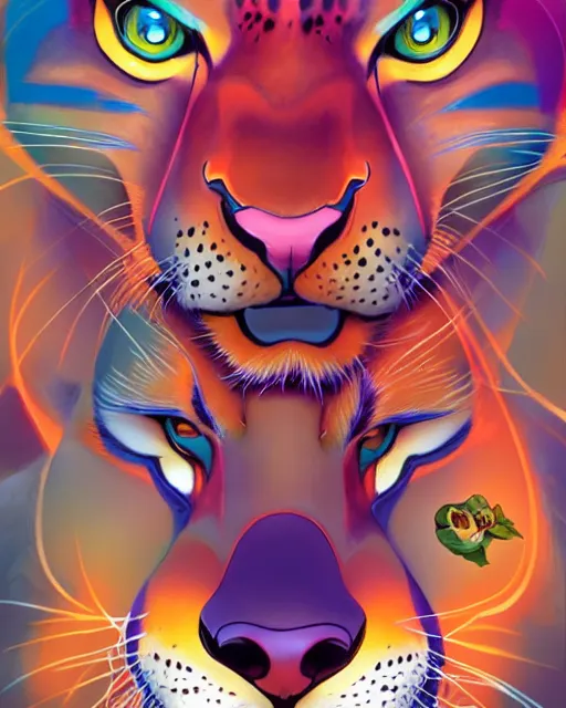 Image similar to don bluth, loish, artgerm, joshua middleton, anthropomorphic cheetah, wearing a track suit, smiling, symmetrical eyes symmetrical face, colorful animation forest background