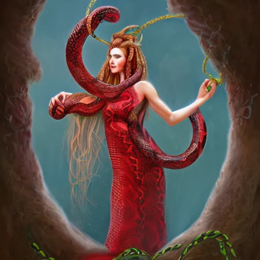 Image similar to realistic mythological greek medusa with red snakes on the head full body, by anna dittmann