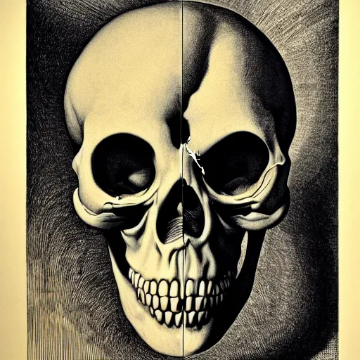 Image similar to scull anatomical atlas dissection center cut lithography on paper conceptual figurative ( post - morden ) monumental dynamic soft shadow portrait drawn by hogarth and escher, inspired by goya, illusion surreal art, highly conceptual figurative art, intricate detailed illustration, controversial poster art, polish poster art, geometrical drawings, no blur