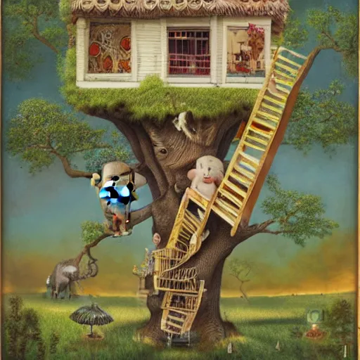 Image similar to tree house and small elephants, lowbrow surrealistic, in the style of Mark Ryden,