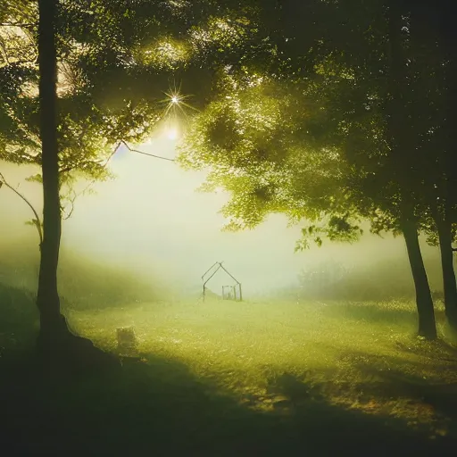 Prompt: autochrome Lumière photography, studio ghibli landscape, ghibli cartoon movie style, small village, Glass plate photography, morning haze, dappled light, 35mm atmospheric cinematography, dof, faded, atmospheric, photoreal photorealism