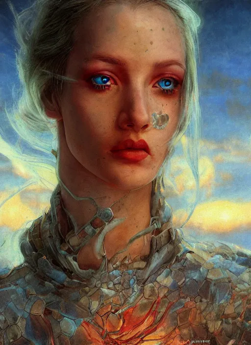 Image similar to biblical shy beautiful female ice mage android, heavy eyes to the side, closeup, bright glowing veins and eyes, in clouds, sunset, portrait, by gerald brom, by mikhail vrubel, by peter elson, muted colors, extreme detail, reflections, trending on artstation, 8 k