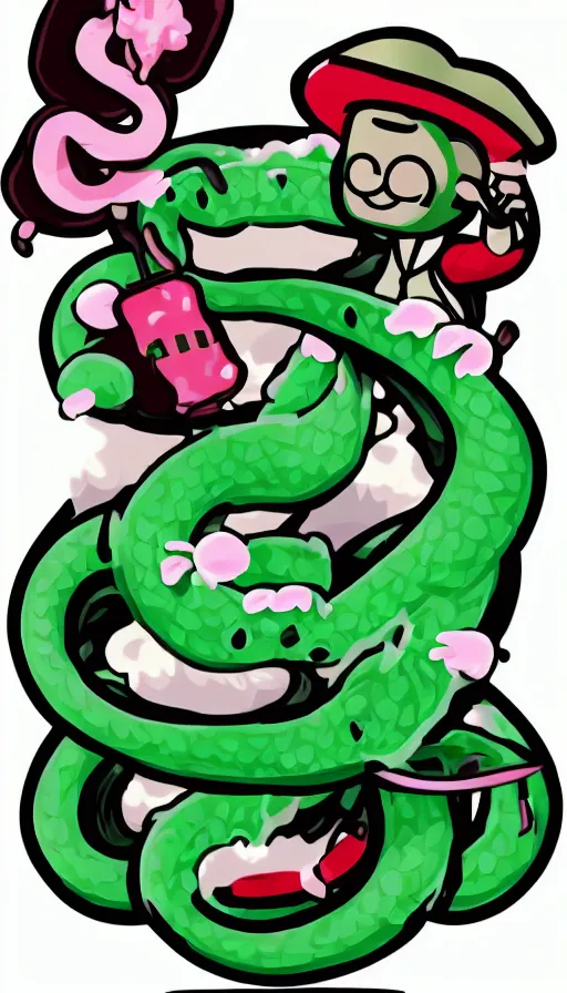 Image similar to kawaii anthropomorphic cowboy snake oil salesman, mascot logo for edible crypto stimulant SNAKEOIL