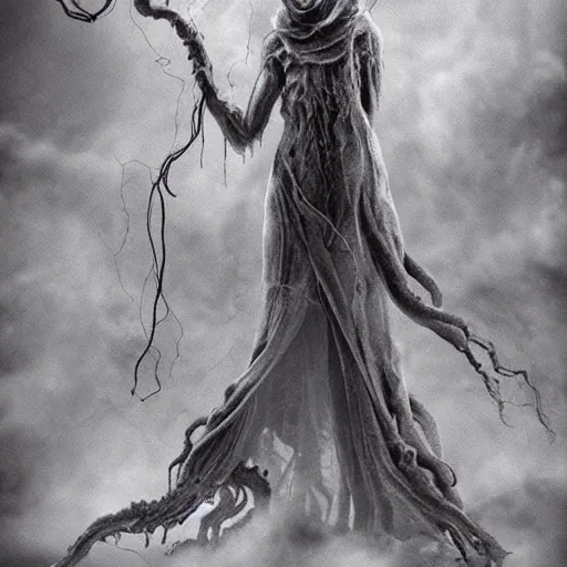 Prompt: concept designs for an ethereal ghostly wraith like figure made from wispy billowing smoke and sparks of electricity with a squid like parasite latched onto its head and long tentacle arms that flow lazily but gracefully at its sides like a cloak while it floats around a frozen rocky tundra in the snow searching for lost souls and that hides amongst the shadows in the trees, this character has hydrokinesis and electrokinesis for the resident evil village video game franchise with inspiration from Shuma gurath from marvel, the franchise Bloodborne and the mind flayer from stranger things on netflix in the style of a marvel comic