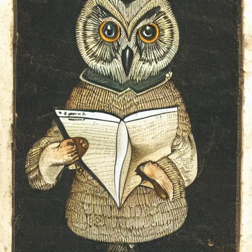 Image similar to an owl scholar holding a parchment