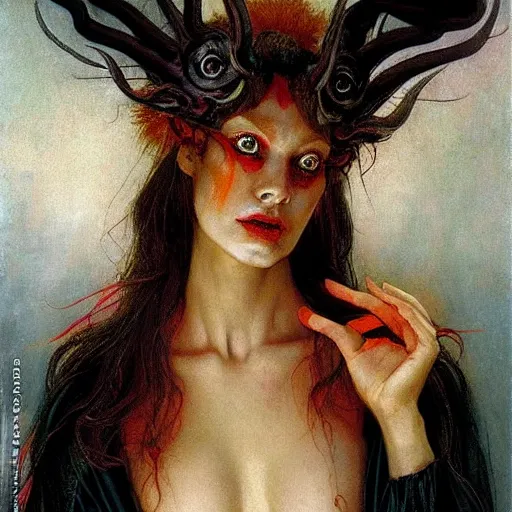 Prompt: a masterpiece full body portrait a beautiful Beatrice as a demoness in Dante\'s inferno, beautiful face, flawless skin, flames and smoke in background, by Edgar Maxence and Ross Tran and Michael Whelan