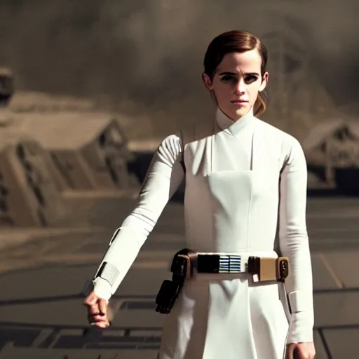 Image similar to A still of Emma Watson in Star Wars movie as Leia