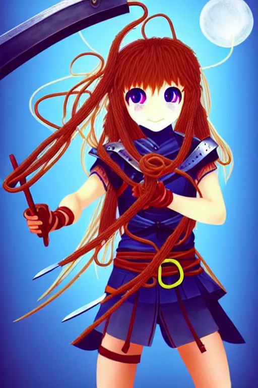 Image similar to A cute spaghetti-girl thief protagonist with leather-strap-armor and ninja weapons is exploring the tenth reality. A highly detailed fantasy character.