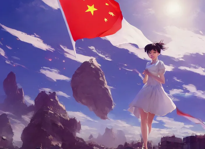 Image similar to gorgeous girl waving a China flag over her head running with Mandelbrot fractal enthusiastic crowd by Craig Mullins, ilya kuvshinov, krenz cushart, artgerm trending on artstation by Edward Hopper and Dan Mumford and WLOP and Rutkovsky, Unreal Engine 5, Lumen, Nanite