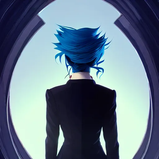 Image similar to low - angle shot from behind of a long blue - haired girl in a tailcoat overlooking noxus, noir, screenshot, sharp focus, intricate, illustration, cell shaded, digital painting, highly detailed, art by ilya kuvshinov, wlop, greg rutkowski, studio quality, james jean