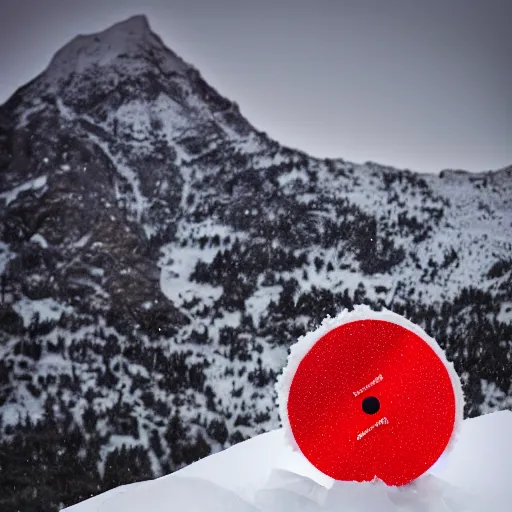 Image similar to an award - winning advertisement photo of a red musica vinyl stuck in the snow, with a snowy mountain and ice, drammatic lighting, sigma 5 0 mm, ƒ / 8, behance