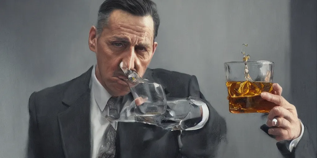 Image similar to beautiful oil matte portrait painting, mafia boss drinking whiskey at his 5 0 s new york office desk, wonderful masterpiece highly detailed, beautiful cinematic light deep focus, elegant, digital painting, smooth, sharp focus, golden ratio, dramatic illumination, ultra realistic, 8 k, art by jimmy law