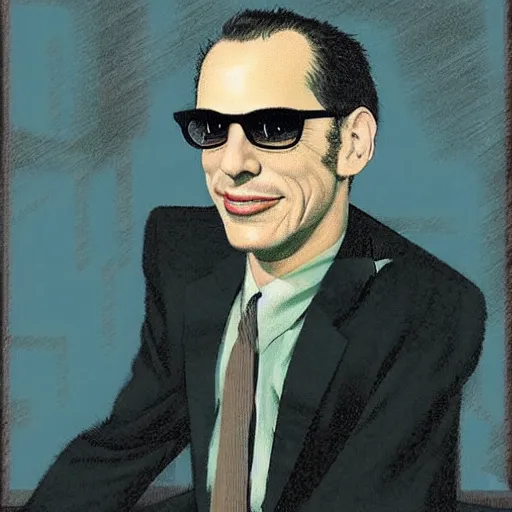 Prompt: “portrait of donald fagen as a 1950s disk jockey, by robert McGinnis”