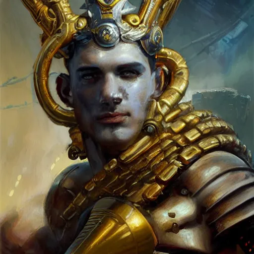 Image similar to stunning portrait of greek argonaut Orpheus wearing a golden lyre, painting by Raymond Swanland, cyberpunk, sci-fi cybernetic implants hq