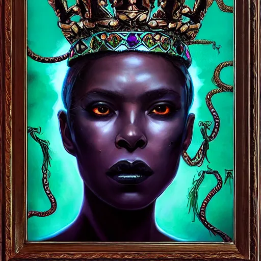 Prompt: portrait of a necromancer queen with a crown of snakes, dark skin, looking up, kneeling, despair, dramatic lighting, blue and green, by Anato Finnstark, Tom Bagshaw, Brom