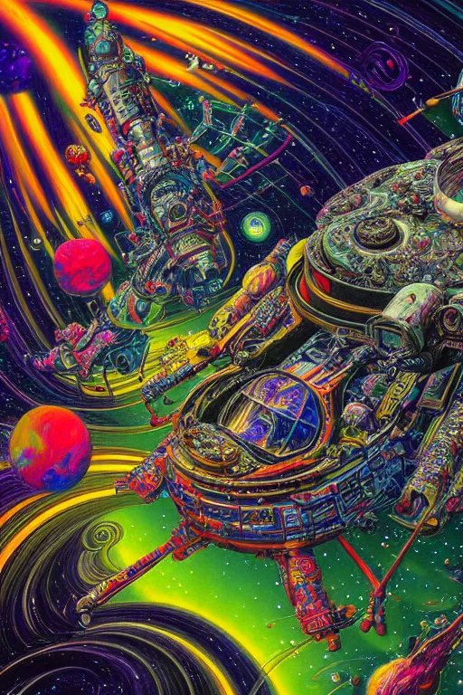 Prompt: maximalist detailed space scene lowbrow scifi artwork by kidsquidy influenced by glenn brown. ray tracing hdr polished sharp