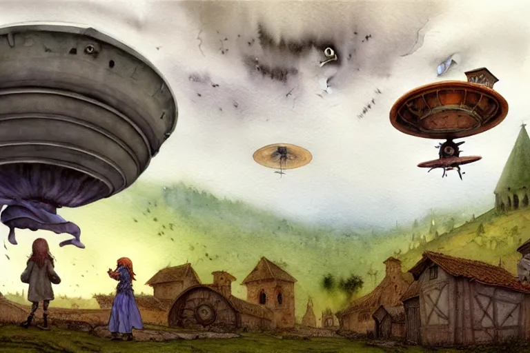 Image similar to a hyperrealist watercolor concept art of a scary ufo in the sky above a small medieval town during a thunderstorm. a dirty medieval peasant child is in the foreground pointg up at the sky. very muted colors, by rebecca guay, michael kaluta, charles vess. high detail, hq, wide shot, 4 k