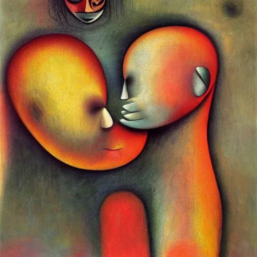 Image similar to Oil painting by Roberto Matta. Strange mechanical beings kissing. Close-up portrait by Lisa Yuskavage. Paul Klee.