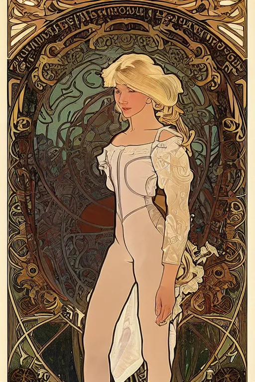 Image similar to full body portrait of a beautiful russian teenager with short platinum blonde hair and leather boots, illustration by alphonse mucha, trending on artstation, HD, D&D 4k, 8k, intricate detail, character design