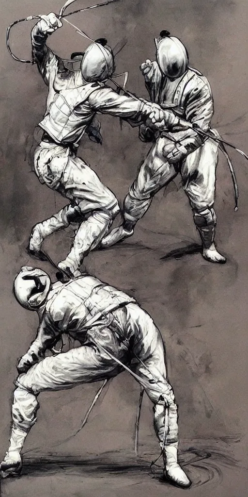 Image similar to oil painting scene from Fencing art by kim jung gi