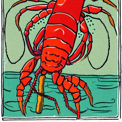 Image similar to Illustration of a lobster sitting on a rock, wearing a turban, with lots of smaller lady lobsters surrounding him, art nouveau