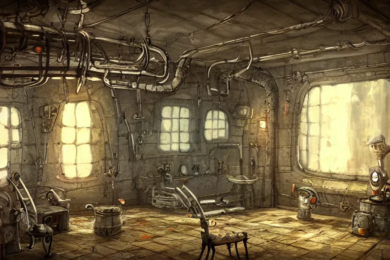 Image similar to A beautiful painting of interior of room with metal pipes in machinarium by yann souetre, Trending on artstation.