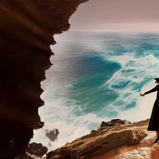 Image similar to photograph with stylish lens effect, stylistic lighting, 1 9 8 0's sci - fi epic artistic style, weta digital, octane render, a woman in a black dress and hat standing in the cliffside entrance to a cave alongside crashing dramatic ocean waves with sea foam and sea spray, an ancient greek trireme