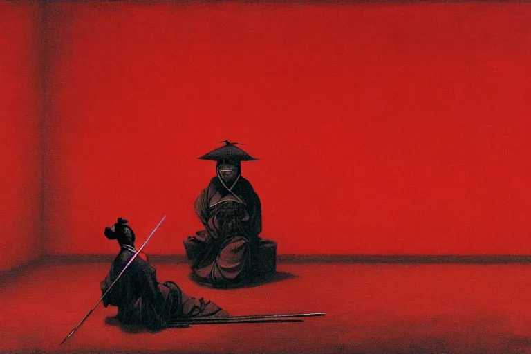 Image similar to only with red, a red samurai do seppuku, tokio, a lot of frogs watch, in the style of beksinski, parts by edward hopper, parts by rodcenko, parts by yue minjun, intricate and epic composition, red by caravaggio, insanely quality, highly detailed, masterpiece, red light, artstation, 4 k