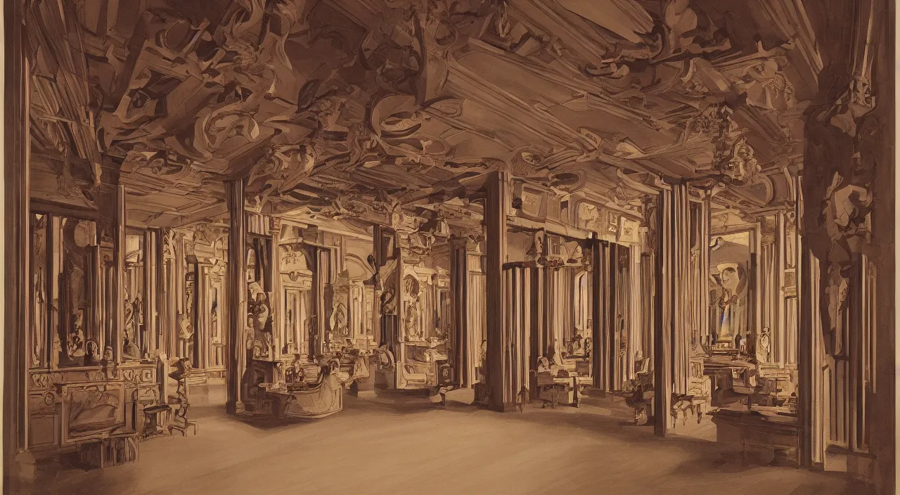 Image similar to inside a baroque frame. chiaroscuro gouache by james gurney. enlightenment salon architecture designed by frank lloyd wright. composed by directory kubrick ( 1 9 6 2 )