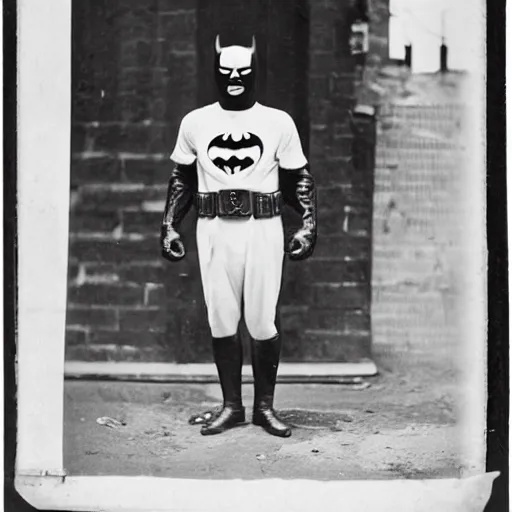 Image similar to old black and white photo portrait, 1 9 2 5, close - up portrait depicting batman standing proudly in alley of new york city, rule of thirds, historical record