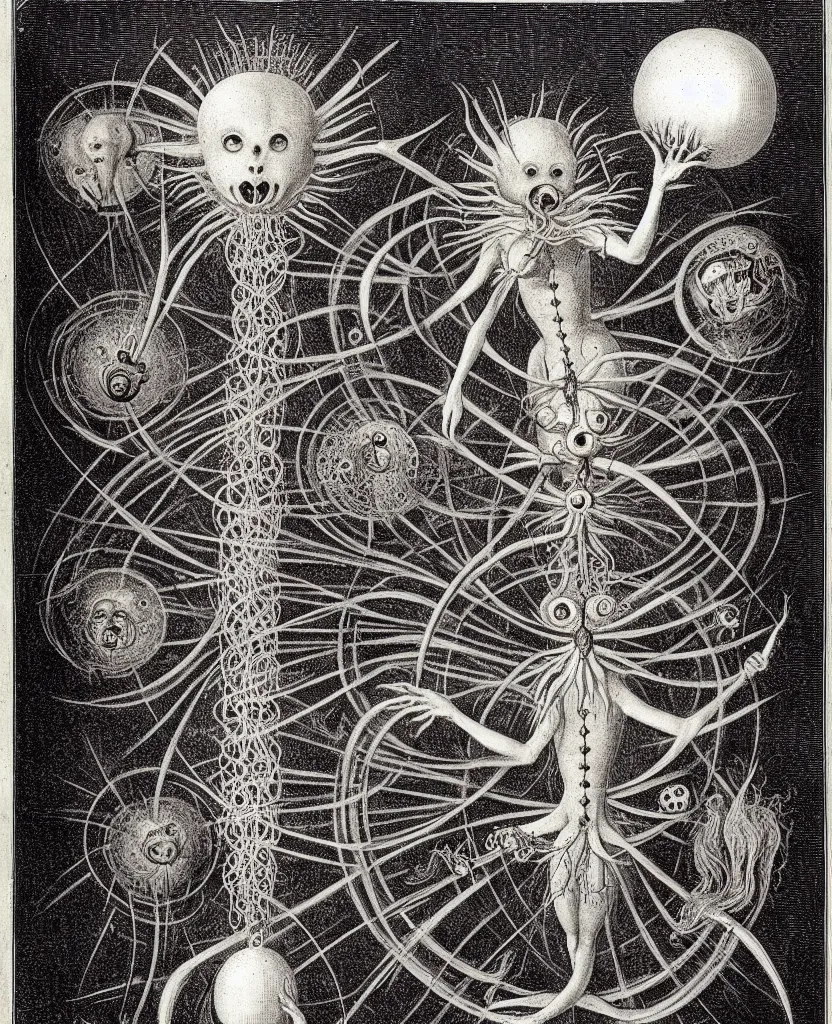 Image similar to whimsical freaky creature sings a unique canto about'as above so below'being ignited by the spirit of haeckel and robert fludd, breakthrough is iminent, glory be to the magic within