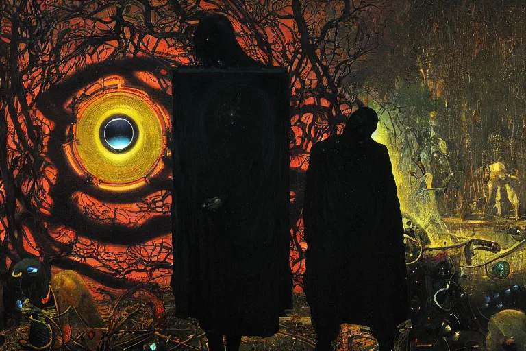 Image similar to one dark figure taming a supercomputer made of nervous system, channeling third eye energy, surrounded by a background of dark cyber mystic garden of earthly delights, midnight hour, painted part by wojciech siudmak, part by ilya repin, part by norman rockwell, part by hype williams, artstation