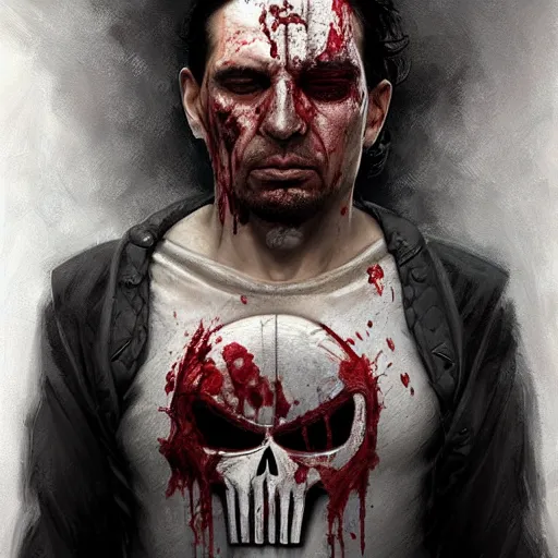 Image similar to portrait of frank castle the punisher, bloody nose, face paint, intricate, elegant, highly detailed, centered, digital painting, artstation, concept art, smooth, sharp focus, illustration, artgerm, tomasz alen kopera, peter mohrbacher