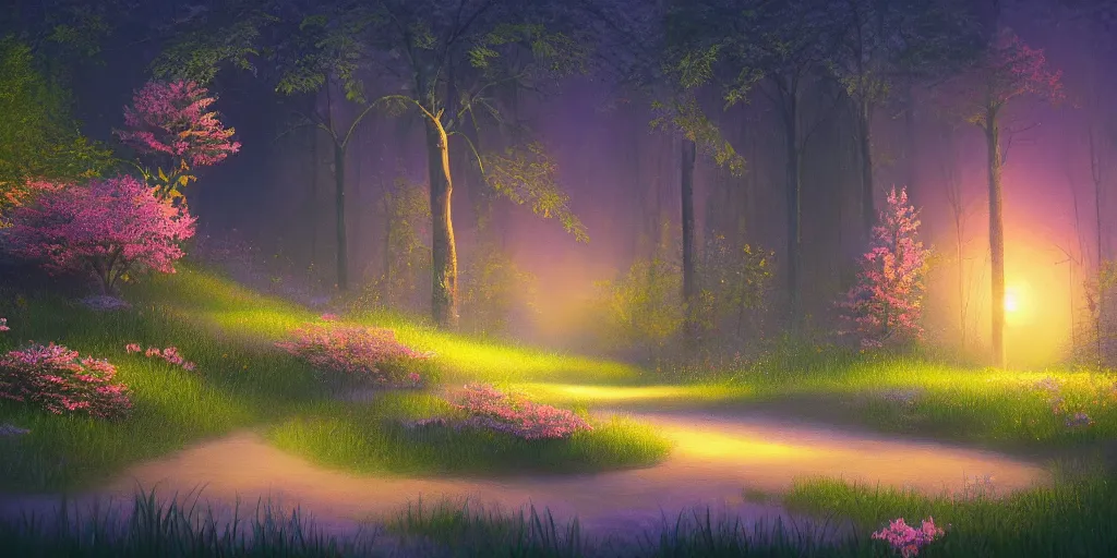 Prompt: fireflies in deep woods inspired by Evgeny Lushpin,flower meadow,spring,cinematic,trending on ArtStation