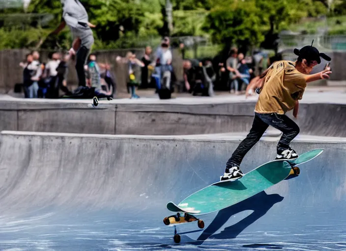 Image similar to a fish is skating on a skateboard in a half pipe