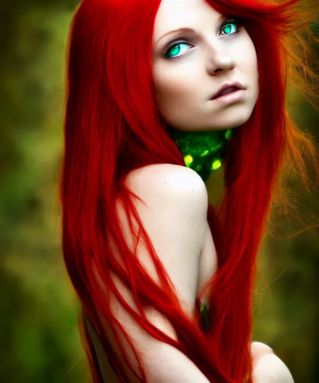 Image similar to Beautiful young woman, Fae, Fantasy, portrait, long red hair, green highlights