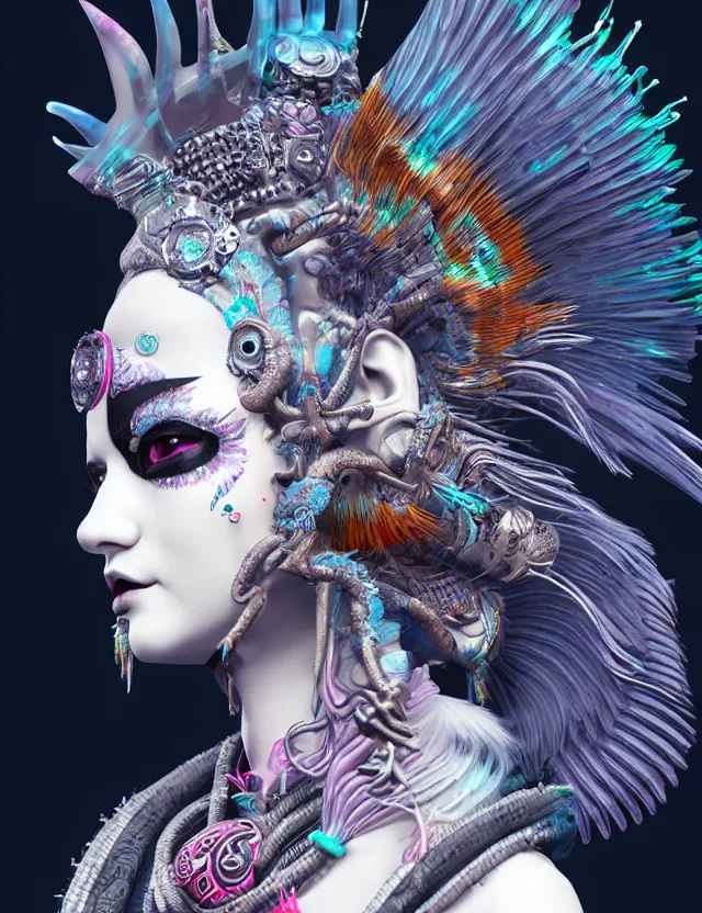 Image similar to 3 d goddess close - up profile portrait punk with mohawk with ram skull. beautiful intricately detailed japanese crow kitsune mask and clasical japanese kimono. betta fish, jellyfish phoenix, bio luminescent, plasma, ice, water, wind, creature, artwork by tooth wu and wlop and beeple and greg rutkowski