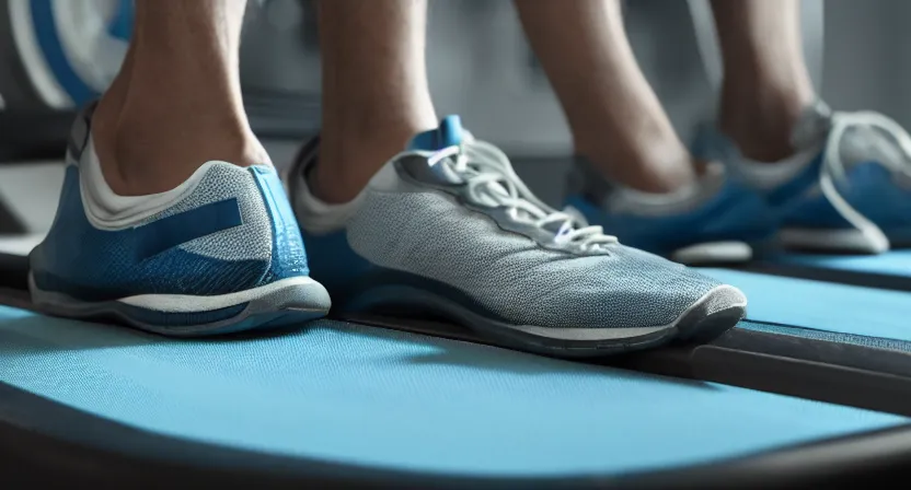 Prompt: close up on old running shoes running on a treadmill. cinematic lighting. moody. sci fi. octane render. blue grey tones.