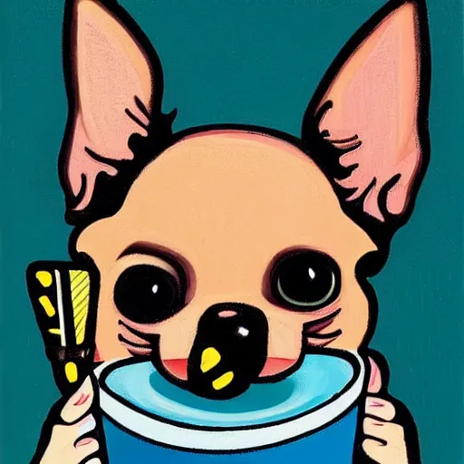 Prompt: a cute chihuahua eating an ice cream by howard arkley