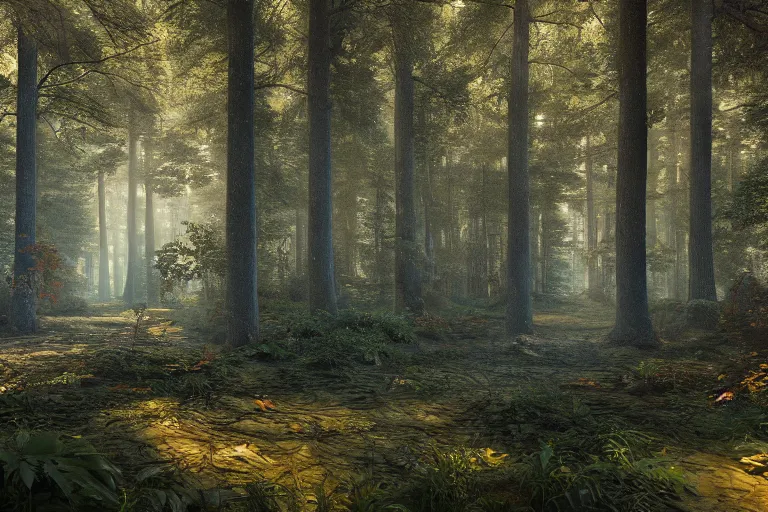 Prompt: A beautiful hyper realistic detailed matte painting of the inside deep forest with high trees, bushes of blueberry, dynamic lighting, cinematic lighting, lit by morning light, unreal engine, featured on artstation