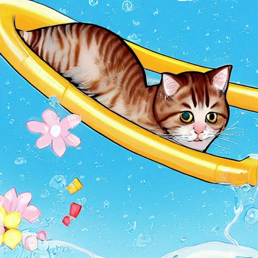 Image similar to a cute cat sliding down a water slide, digital art by Kawacy