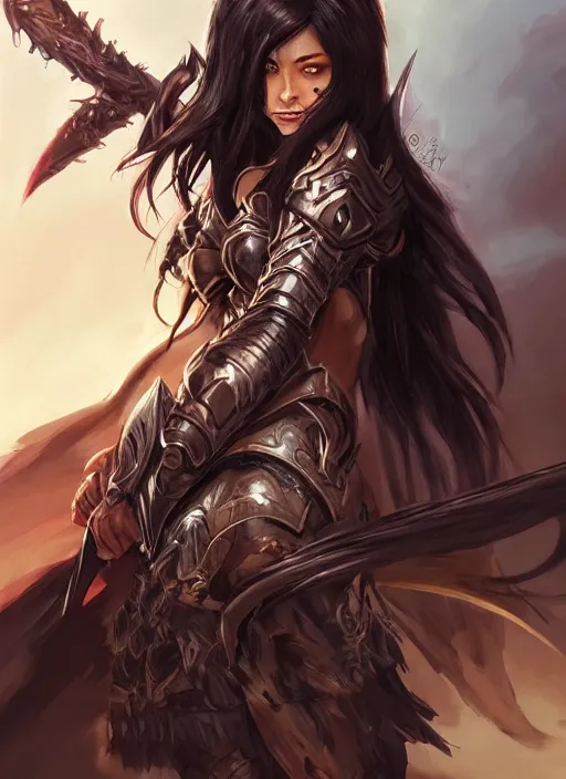 Image similar to beautiful warrior lady, black long hair, practical armor, brown skin, demonic eyes, low fantasy, extremely detailed, sharp focus, smooth, digital illustration, by rossdraws, frank franzzeta, sakimichan