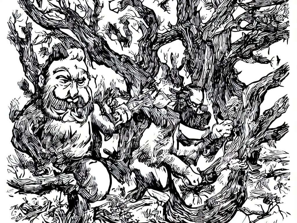 Image similar to illustration by mcbess, black and white inks, silk - print, lumberjack hitting a tree with angry face with a guitar